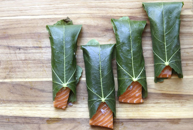 salmon wrapped in fig leaves